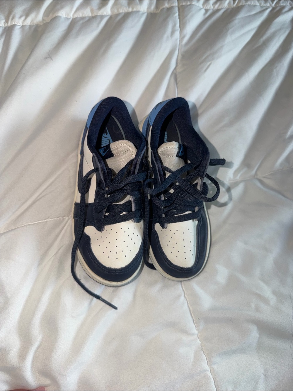 Jordan 1 Kids Navy and White Low-Top Sneakers with Blue Accents